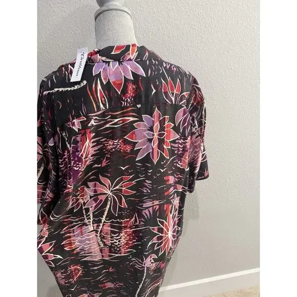 Caribbean Men's Silk Blend Short Sleeve Black Pink Shirt Tropical Print SZ XL - Picture 2 of 3